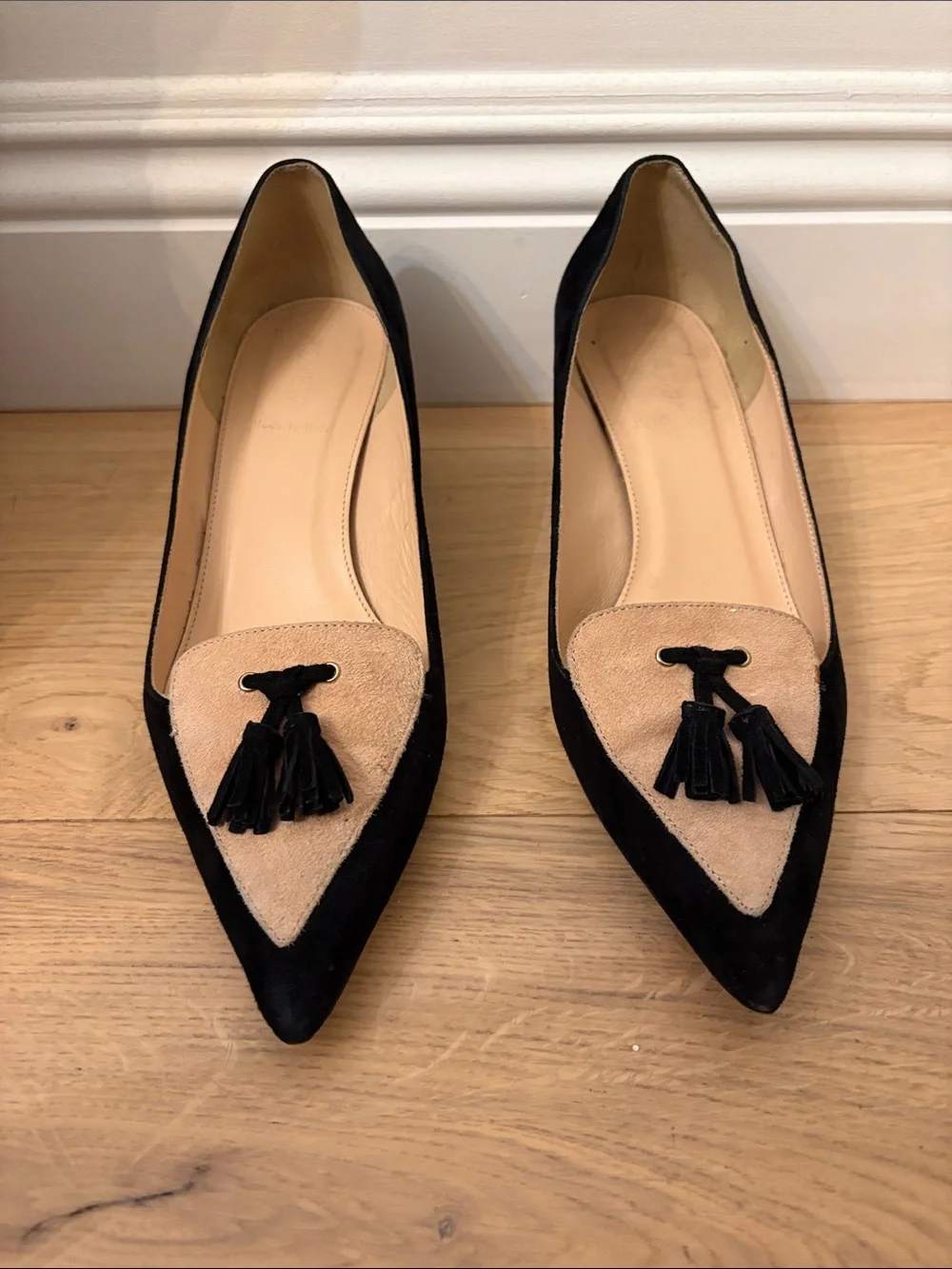 J. Crew Suede Black and Beige Pointed Tassel Pumps